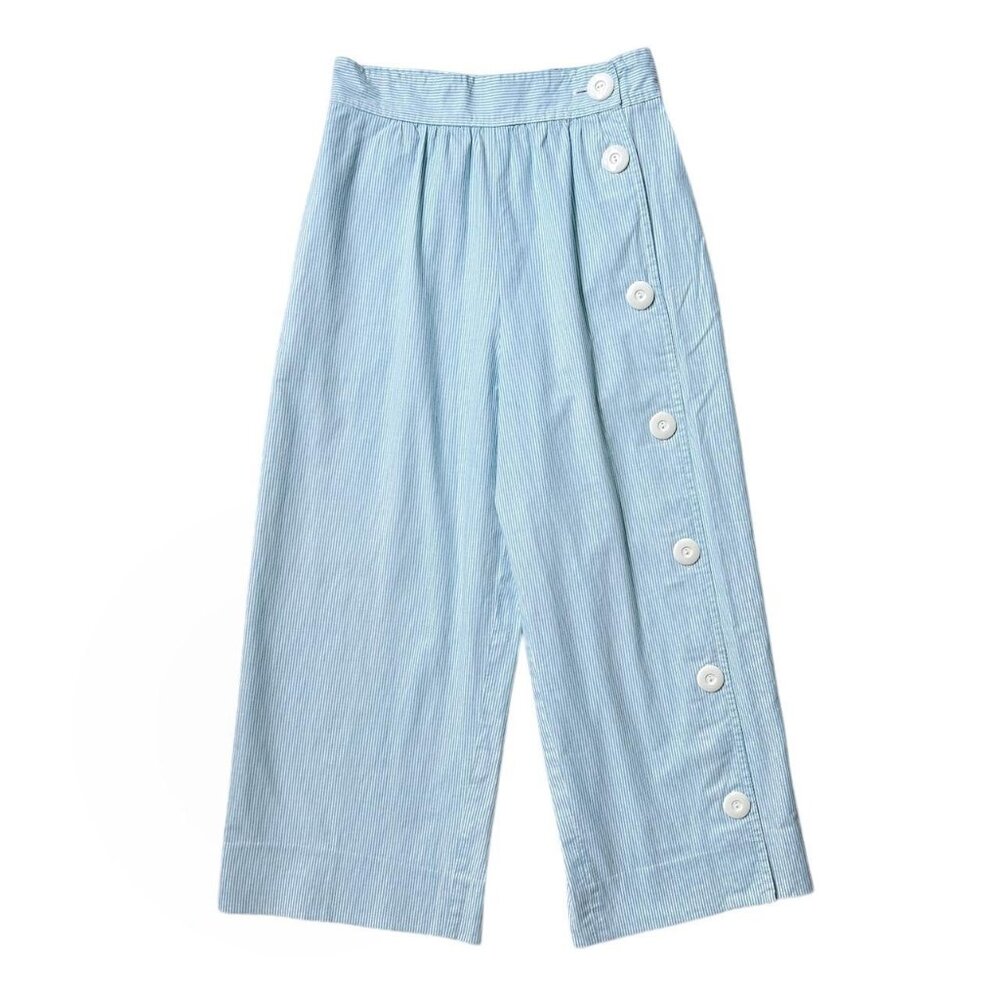 70s Vintage Highwaisted Stripe Culottes Crop Nautical Cotton Pants Side Button.
